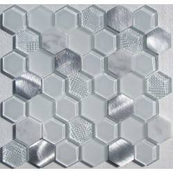 "Философия Мозаики" Hexagon White Metal микс стеклянной и алюминиевой плитки-мозаики